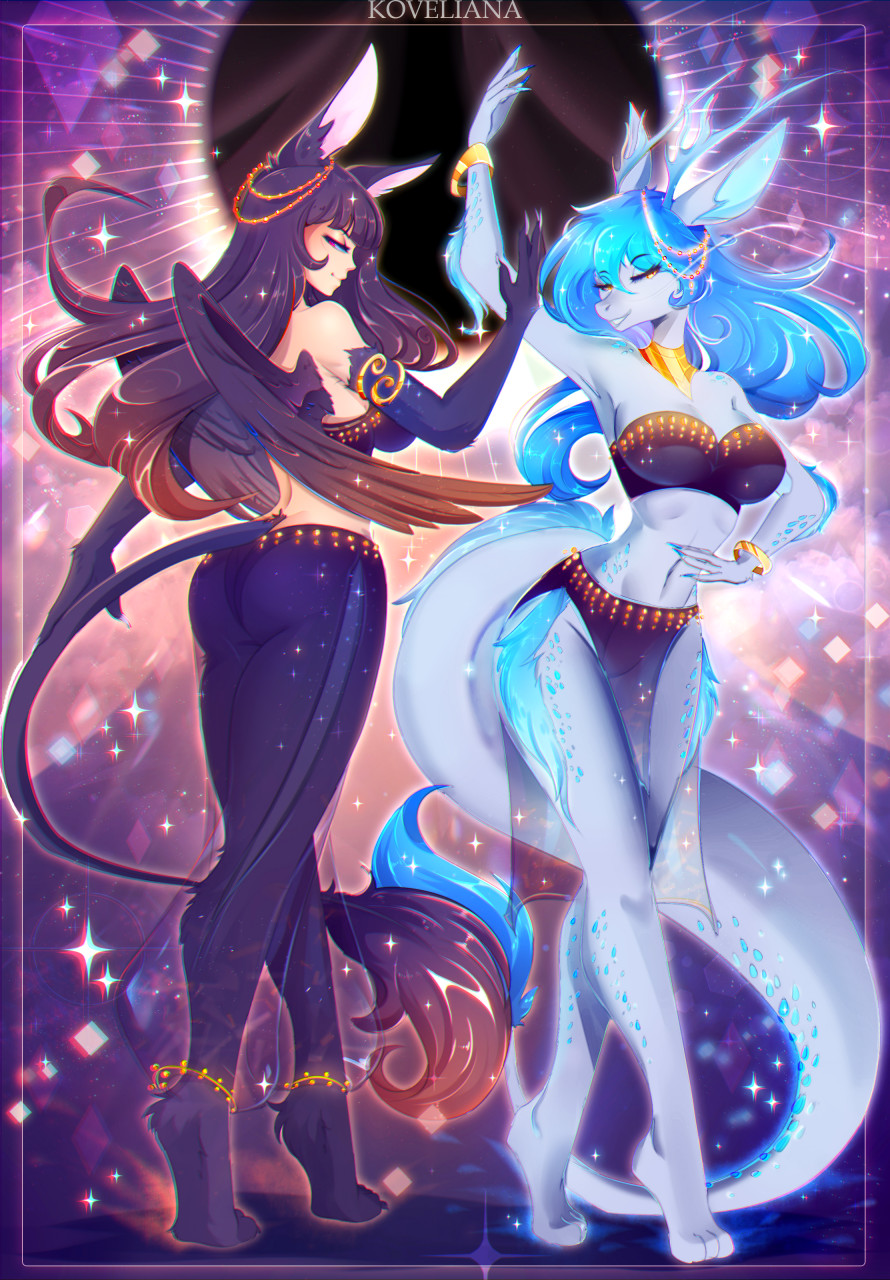 2022 anthro black_hair blue_hair breasts clothed clothing digital_media_(artwork) dragon duo feathered_wings feathers female fur furred_dragon hair hi_res koveliana smile standing white_body white_fur wings