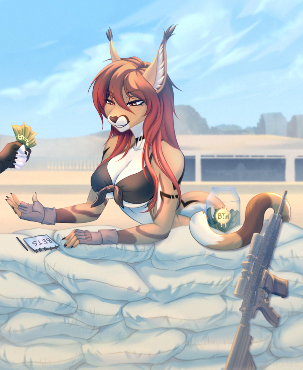 amarihel anthro ashley_(character) big_breasts breasts brush caracal_(genus) claws claws_out clothing es felid feline female hair hi_res inner_ear_fluff long_hair mammal military military_clothing paws pinup pose red_eyes red_hair smile smiling_at_viewer solo summer tail topwear tuft weapon