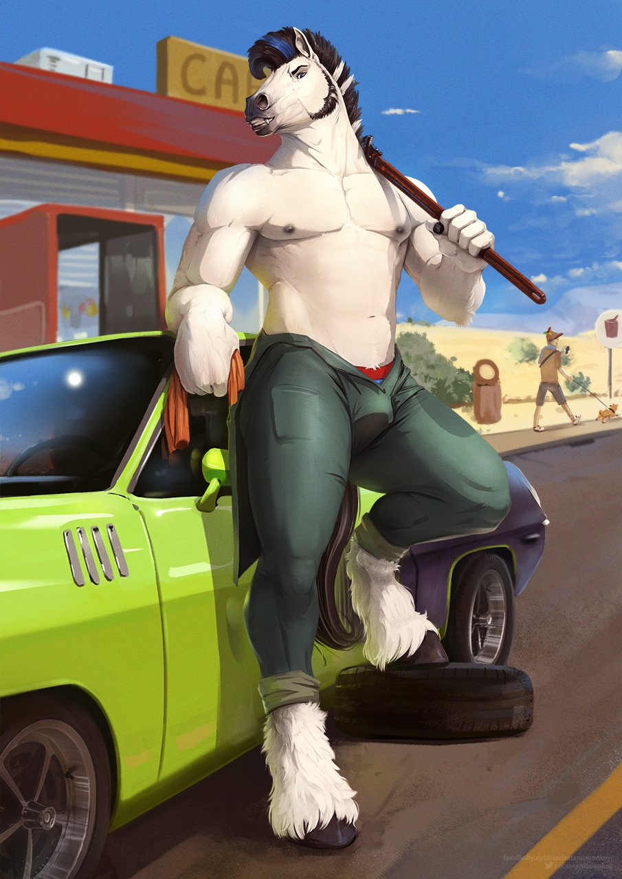 anthro bulge car clothing equid equine feathering fetlocks fur hi_res hooves horse looking_at_viewer male mammal mane mechanic muscular muscular_male outside pecs rag satanic_monkey scotch_macmanus shirtless shirtless_male sky solo standing tools underwear unzipped unzipped_pants vehicle wheel wrench