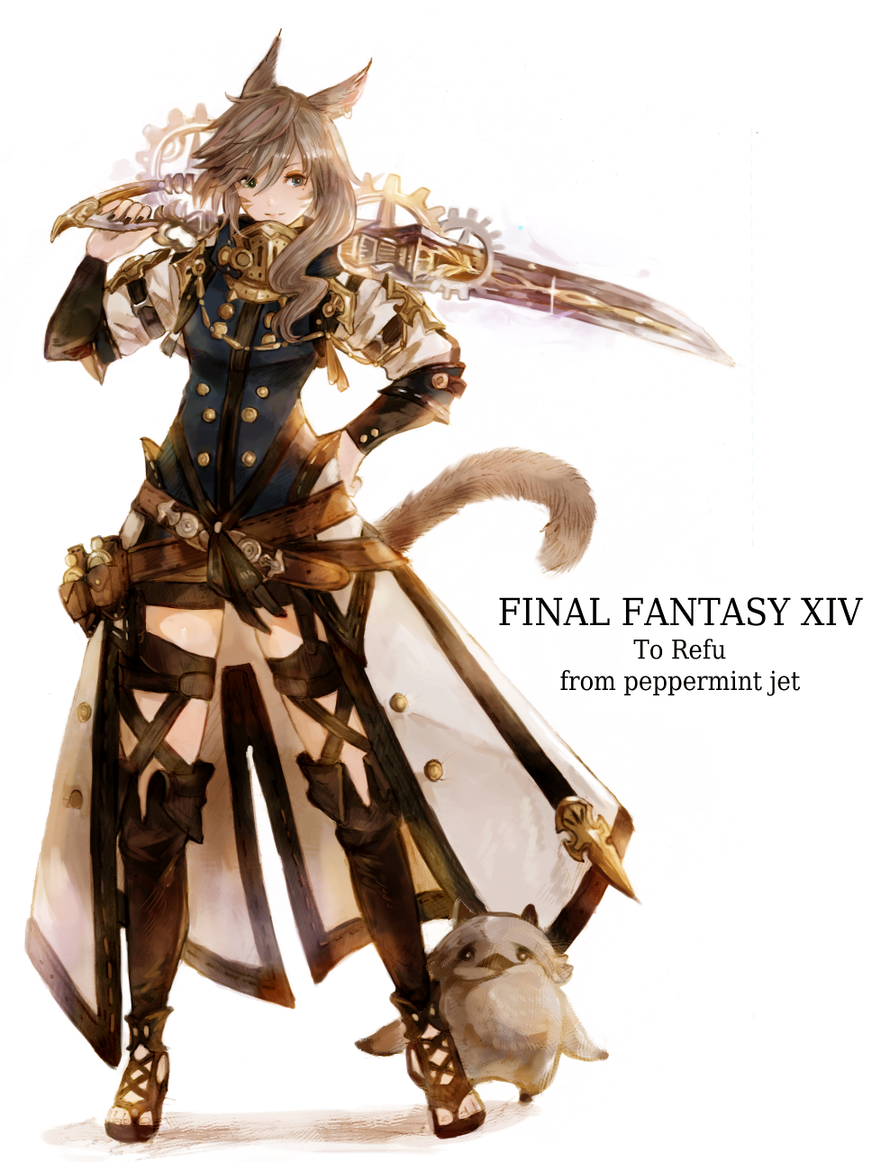 1girl animal_ears avatar_(ff14) blue_eyes cat_ears cat_tail facial_mark final_fantasy final_fantasy_xiv full_body garter_straps grey_hair gunblade gunbreaker_(final_fantasy) hair_between_eyes hand_on_hip highres holding holding_weapon long_hair looking_at_viewer miqo'te peppermint_jet shorts smile standing tail thighhighs toeless_footwear weapon whisker_markings