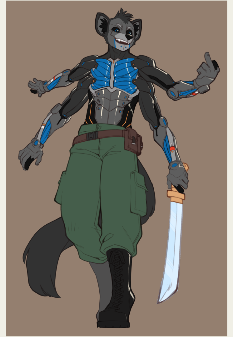 2022 5_fingers anthro digital_media_(artwork) faint fingers holding_object holding_sword holding_weapon male melee_weapon shirtless smile solo sword weapon