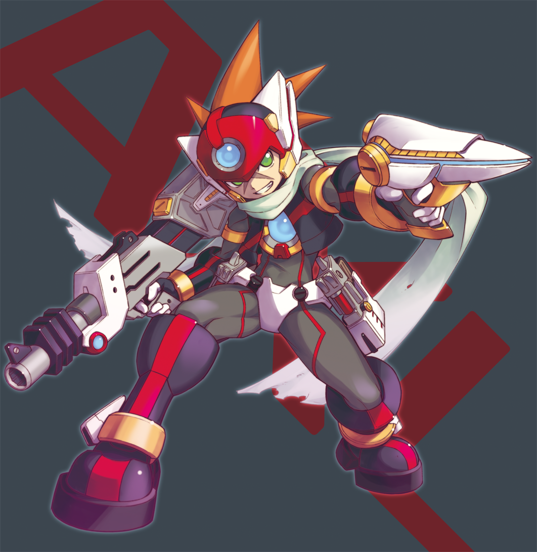 1boy android axl capcom character_name degarashi_(ponkotsu) dual_wielding full_body green_eyes grey_background grin gun helmet holding holding_weapon male_focus rockman rockman_x scar scarf simple_background smile solo spiked_hair standing weapon
