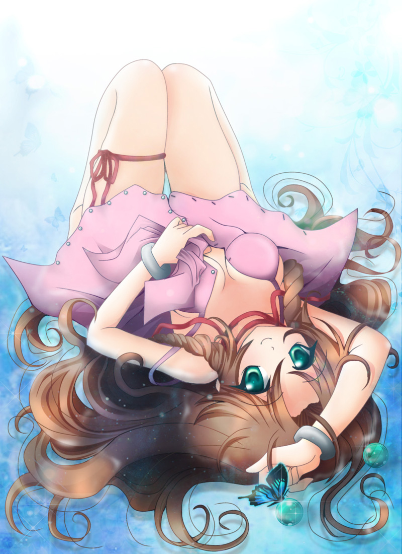 aerith_gainsborough bracelet breasts brown_hair butterfly cleavage dress female final_fantasy final_fantasy_vii full_body gradient gradient_background green_eyes hayatoshindo jewelry long_hair lying materia shindou_hayato solo water