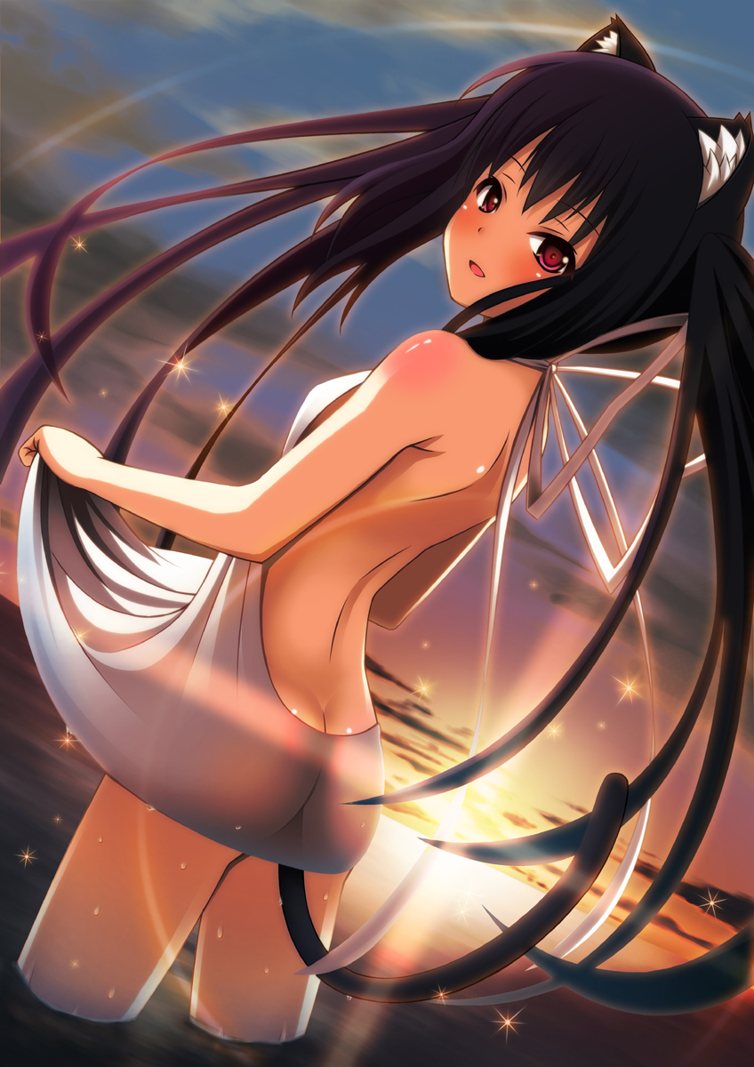 animal_ears ass back bare_shoulders black_hair blush butt_crack cat_ears cat_tail cloud dress dutch_angle from_behind halterneck highres k-on! long_hair looking_back nakano_azusa no_bra no_panties nukunuku_(hinataboltuko) ocean open_mouth red_eyes skirt skirt_lift sky smile solo sparkle sun sunset tail twintails very_long_hair wading water wet white_dress
