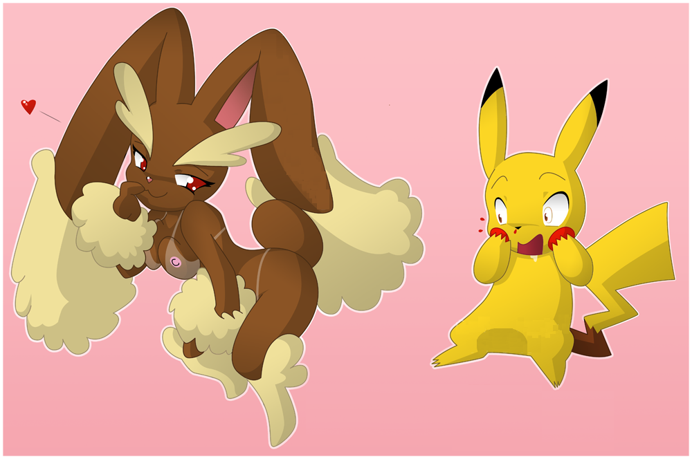 animal_ears big_breasts blood breasts bunny_ears furry heart large_breasts lopunny nipple nipples nosebleed pikachu pokemon smile tail tan tanline