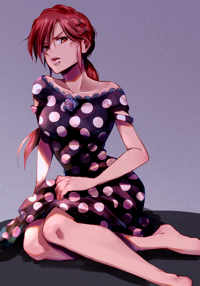 1girl bangs bare_shoulders barefoot black_dress diamond_wa_kudakenai dress jojo_no_kimyou_na_bouken kawajiri_shinobu lips long_hair looking_at_viewer off-shoulder_dress off_shoulder on_floor open_mouth polka_dot polka_dot_dress purple_background red_eyes red_hair short_sleeves sitting solo soraao0322