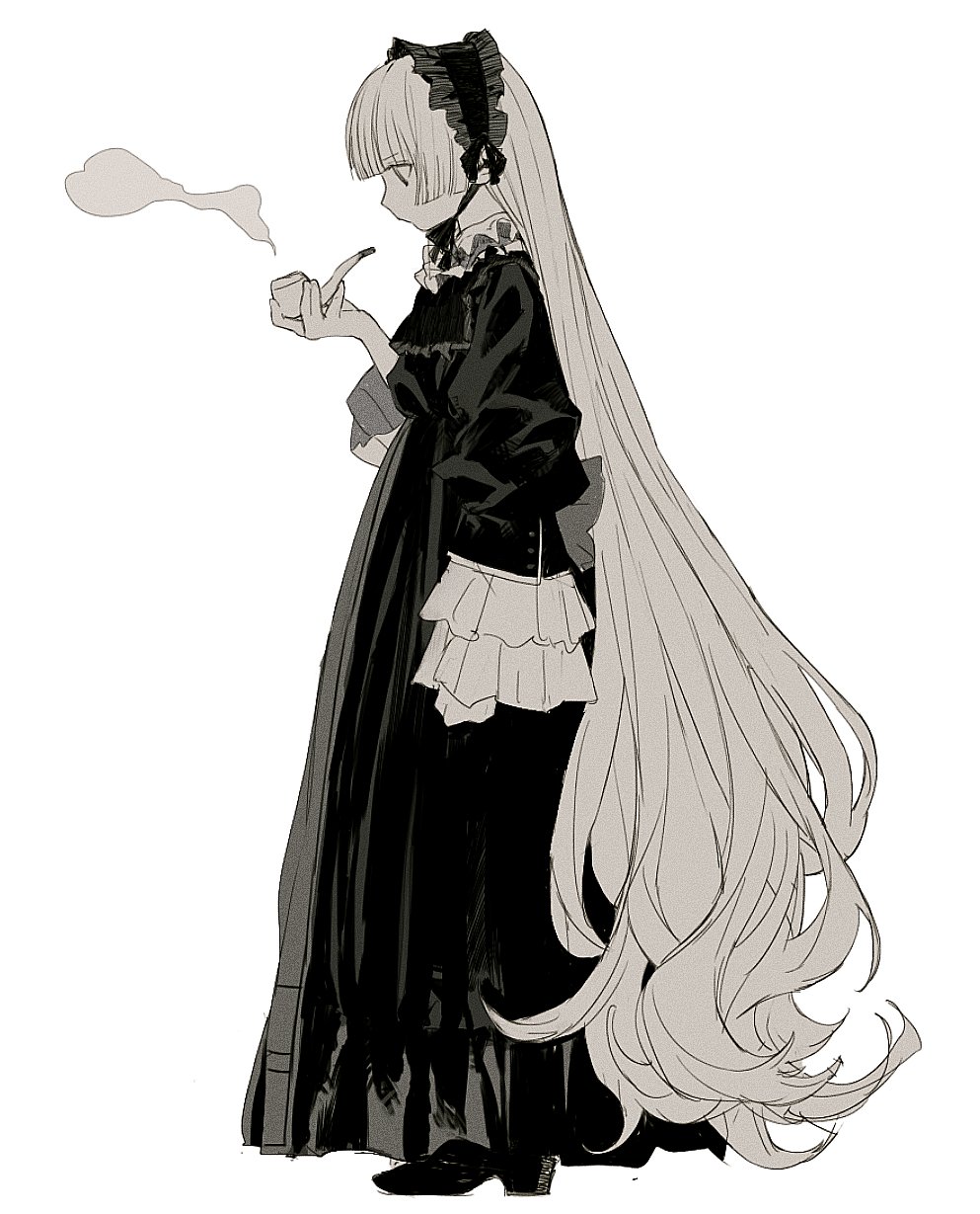 1girl bangs black_dress black_footwear blunt_bangs chin_strap dress frilled_sleeves frills gosick highres holding holding_smoking_pipe limited_palette long_hair long_sleeves looking_down muted_color quxiaochong shoes smoke smoking_pipe solo standing very_long_hair victorica_de_blois