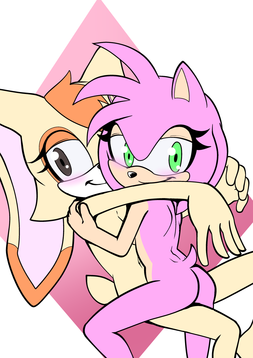 amy_rose anthro blush butt cream_the_rabbit duo embrace eulipotyphlan female female/female fours_(artist) green_eyes hair hedgehog hi_res hug lagomorph leporid looking_at_viewer looking_back looking_back_at_viewer mammal nude orange_hair pink_body pink_hair rabbit sega smile smiling_at_viewer sonic_the_hedgehog_(series) young