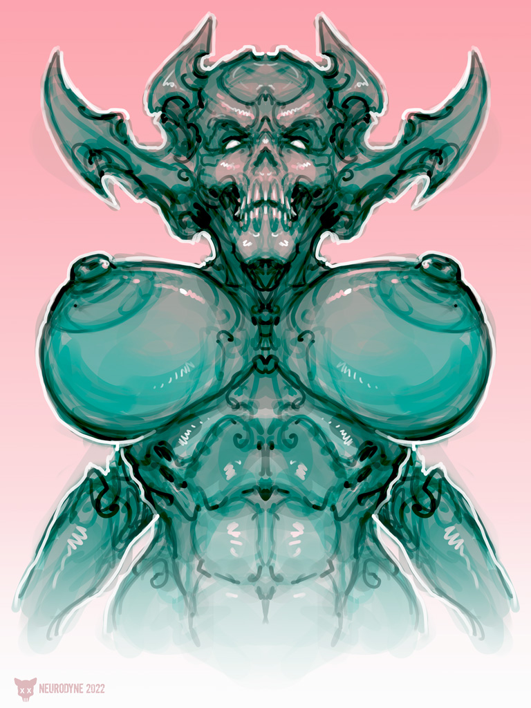 2022 bone breasts death deity demon female humanoid jade_(disambiguation) neurodyne nipples pink skull solo