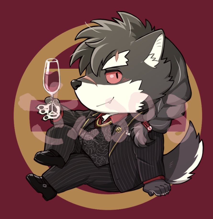 alcohol anthro beverage blush canid canine canis chib chibi clothing container cup domestic_dog drinking_glass eyebrows fuyoudo624 glass glass_container glass_cup lifewonders mammal red_sclera scar shino_(housamo) sitting suit thick_eyebrows tokyo_afterschool_summoners video_games wine wine_glass