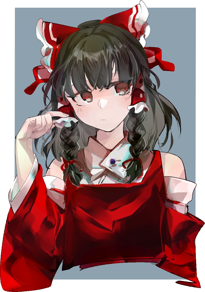 1girl adapted_costume alternate_hairstyle bangs bare_shoulders black_hair bow braid chamaruku cropped_torso detached_sleeves hair_bow hair_tubes hakurei_reimu highres long_hair looking_to_the_side red_bow red_vest simple_background solo touhou twin_braids upper_body vest