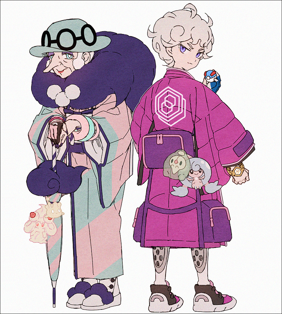 1boy 1girl alcremie bede_(pokemon) black_footwear black_gloves blue_eyes blue_headwear blue_kimono closed_mouth closed_umbrella duosion eyeshadow fur_collar gloves great_ball grey_hair hakusai_(tiahszld) hat hattrem holding holding_poke_ball holding_umbrella jacket japanese_clothes kimono long_nose long_sleeves looking_at_viewer looking_back makeup milcery nail_polish old old_woman opal_(pokemon) pink_gloves pink_kimono poke_ball pokemon pokemon_(game) pokemon_swsh purple_eyes purple_eyeshadow purple_jacket purple_nails red_lips shoes simple_background single_glove smile socks standing umbrella v-shaped_eyebrows watch white_background white_socks wide_sleeves wristwatch