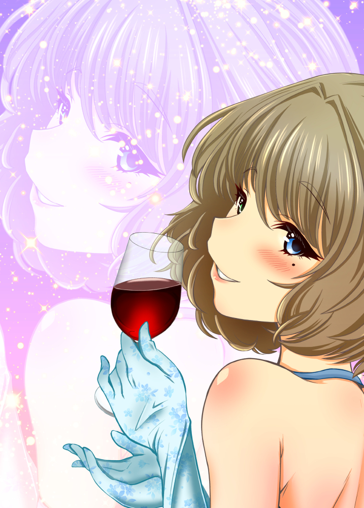 1girl alcohol blue_eyes blue_gloves cup drinking_glass floral_print from_behind gloves green_eyes halterneck heterochromia idolmaster idolmaster_cinderella_girls light_brown_hair looking_at_viewer medium_hair mole mole_under_eye profile solo takagaki_kaede upper_body wine wine_glass yakou_kino zoom_layer