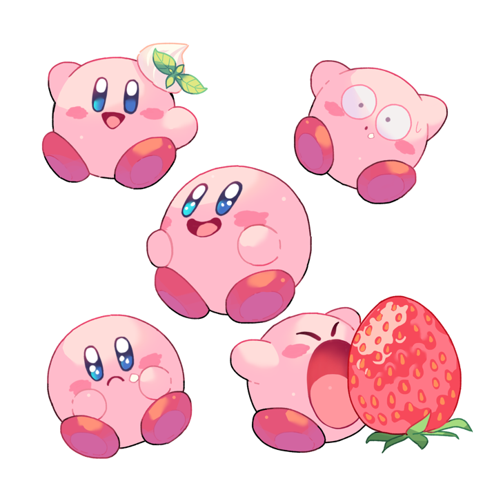 :o blue_eyes blush blush_stickers closed_eyes closed_mouth food food_on_face food_on_head frown fruit kirby kirby's_dream_buffet kirby_(series) leaf looking_at_viewer multiple_views mutekyan no_humans object_on_head open_mouth parted_lips sad smile strawberry sweatdrop whipped_cream white_background wide-eyed