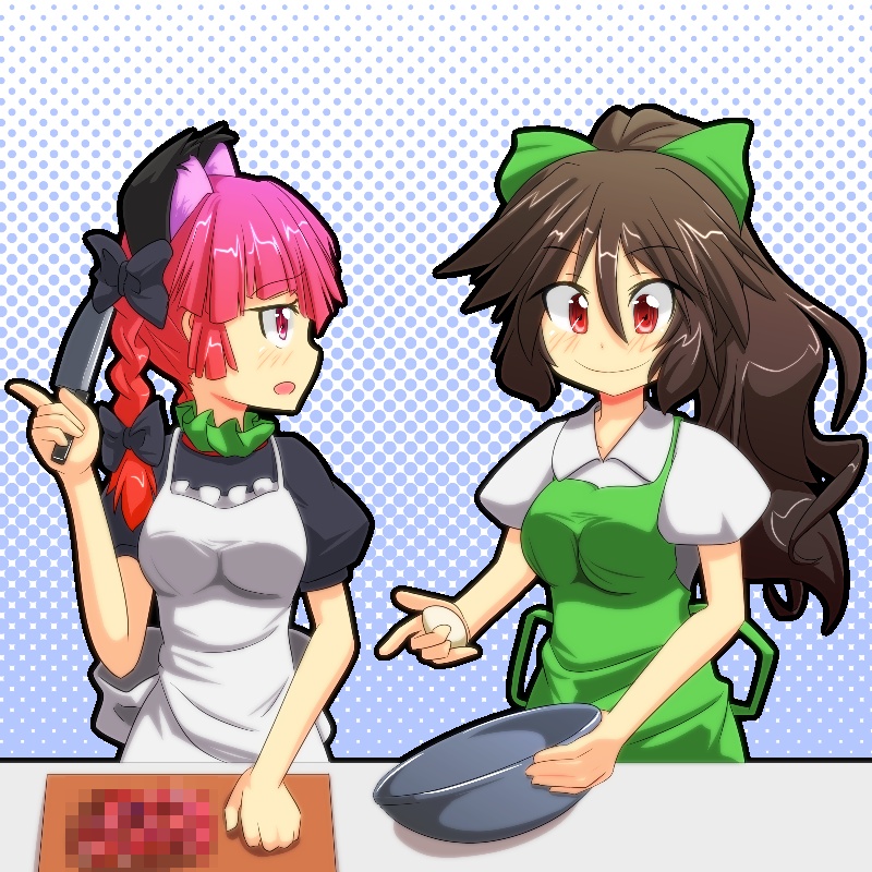 2girls animal_ears apron bow braid cat_ears cato_(monocatienus) censored cooking hair_bow kaenbyou_rin long_hair looking_at_another mosaic_censoring multiple_girls multiple_tails profile red_eyes red_hair reiuji_utsuho smile tail touhou twin_braids whisk