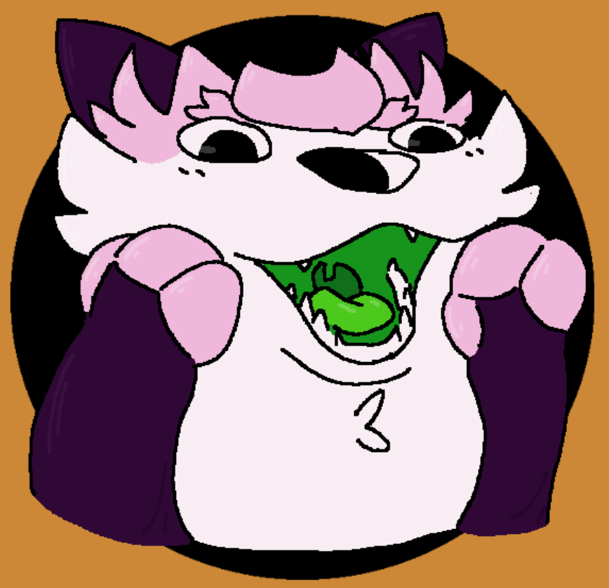 blush canid canine fangs female fennec feral fox fur green_insides green_mouth green_tongue hair happy humor ichigo_mackerel_(mdctoby12) mammal markings mdctoby12 open_mouth pink_body pink_fur purple_body purple_fur reaction_image silly simple_background solo tongue white_body white_fur yelling