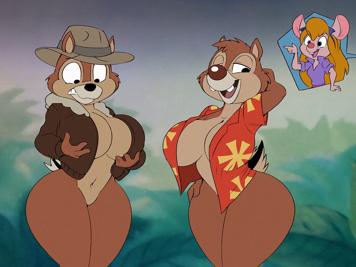 2022 anthro big_breasts bottomless breasts chip_'n_dale_rescue_rangers chip_(disney) chipmunk cleavage clothed clothing crossgender dale_(disney) digital_media_(artwork) disney dracojeff female gadget_hackwrench ground_squirrel group male male/female mammal mouse mtf_crossgender murid murine rodent sciurid trio wide_hips
