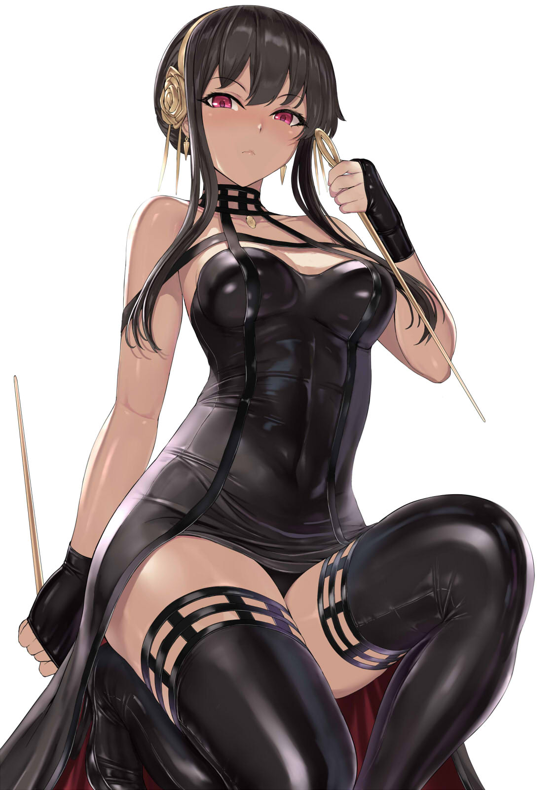 1girl bangs bare_shoulders black_dress black_footwear black_gloves black_hair black_thighhighs boots breasts commentary_request dagger dress dual_wielding earrings fingerless_gloves gloves hakaba_(dairiseki) highres holding holding_dagger holding_weapon jewelry knife large_breasts looking_at_viewer one_knee pink_eyes short_hair_with_long_locks sidelocks solo spy_x_family stiletto_(weapon) thigh_boots thighhighs two-sided_dress two-sided_fabric weapon yor_briar