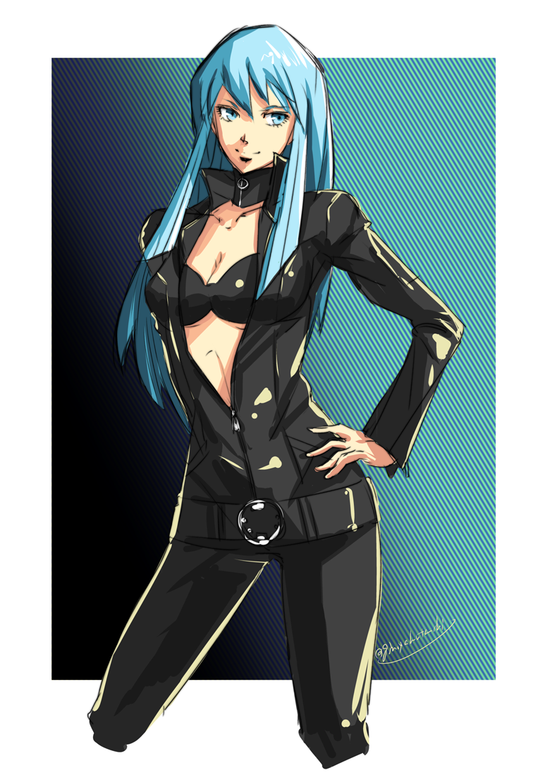 1girl belt blue_eyes blue_hair bodysuit breasts center_opening cleavage closed_mouth collar collarbone devil_summoner gin'oya long_hair looking_at_viewer nemissa smile solo soul_hackers zipper