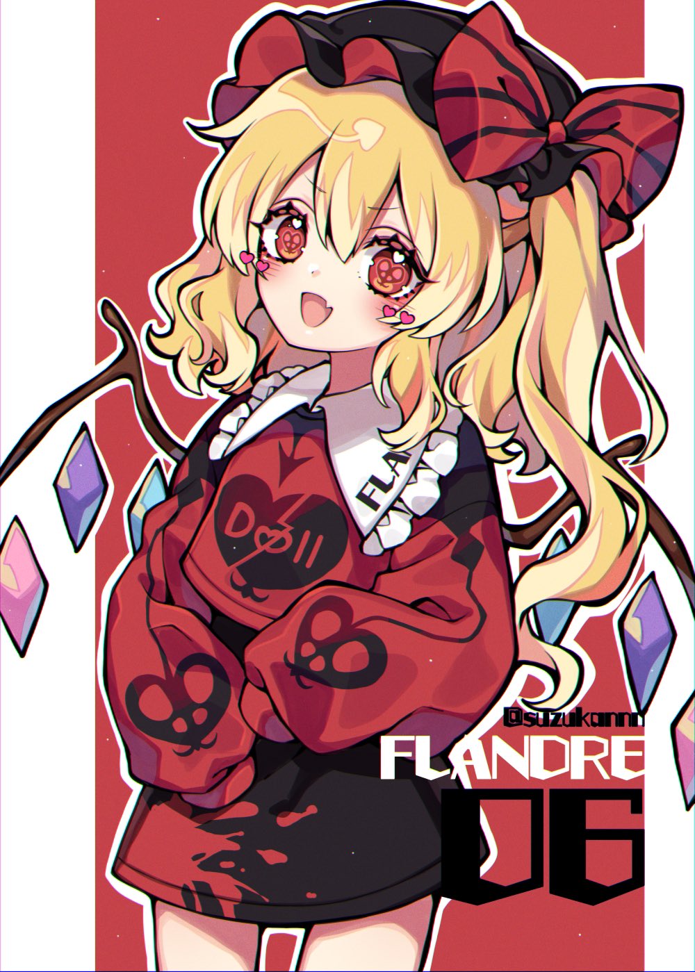 1girl :d alternate_costume bangs black_headwear blonde_hair blush bow character_name collar crystal eyelashes fang flandre_scarlet frilled_collar frills hat hat_bow highres kyouda_suzuka mob_cap one_side_up open_mouth pillarboxed red_bow red_eyes skin_fang sleeves_past_fingers sleeves_past_wrists smile solo splatter_print striped striped_bow symbol-shaped_pupils touhou twitter_username wings