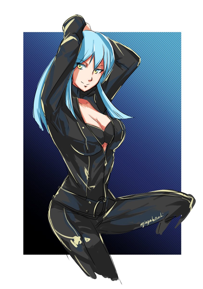 1girl arms_up belt blue_hair bodysuit breasts center_opening cleavage closed_mouth collar devil_summoner gin'oya highres long_hair looking_at_viewer nemissa smile solo soul_hackers yellow_eyes zipper