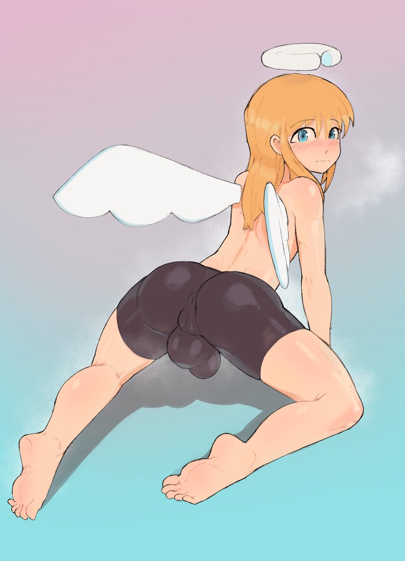 angel angel_humanoid barefoot blonde_hair blue_eyes bulge butt camel_toe cheesecrumbles crimvael_(interspecies_reviewers) feet girly hair halo humanoid humanoid_feet intersex interspecies_reviewers looking_at_viewer looking_back maleherm not_furry solo winged_humanoid wings young