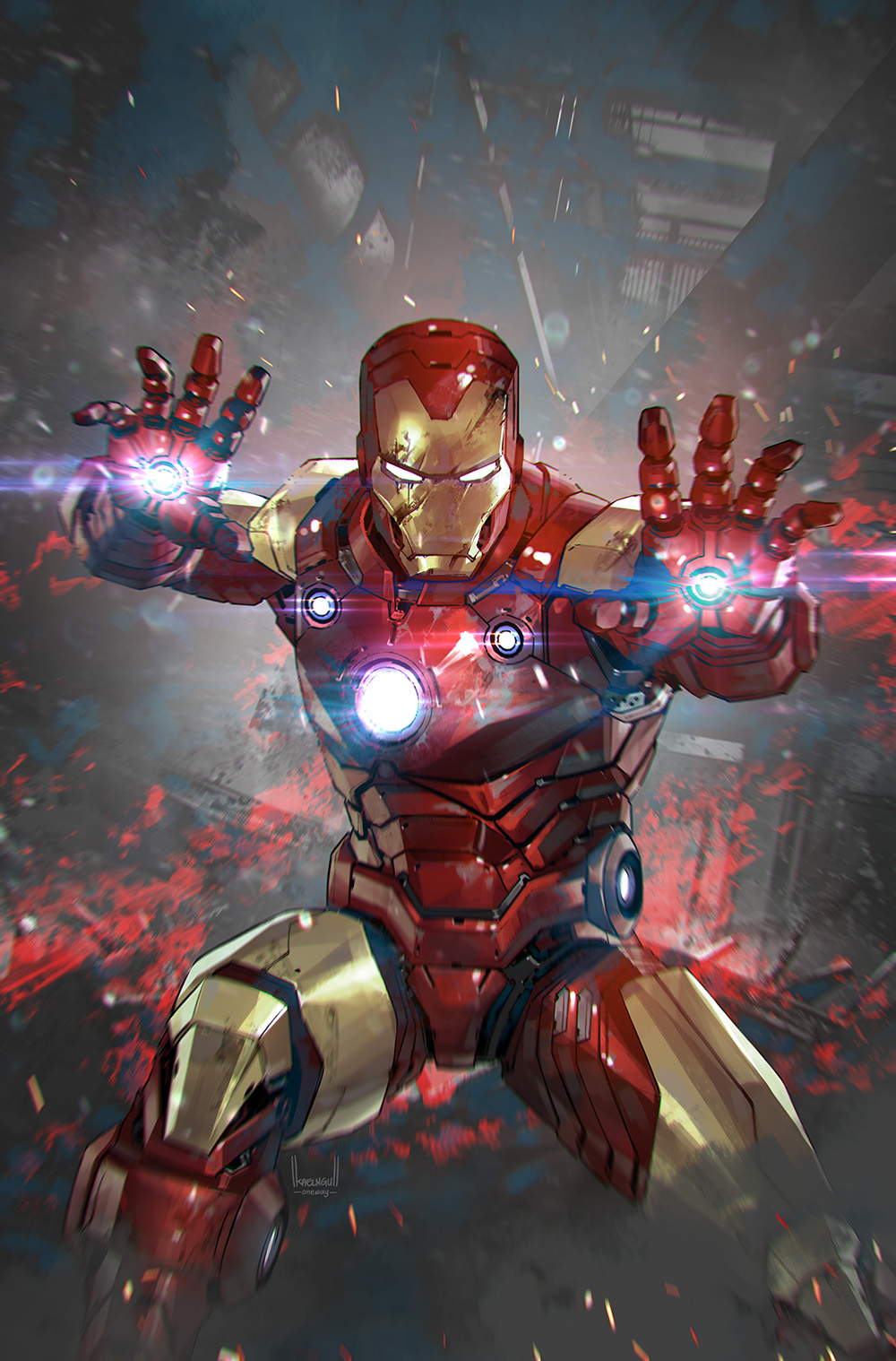 1boy comic_cover cover_image damaged english_commentary falling glowing_hands highres iron_man kael_ngu looking_at_viewer male_focus marvel open_hands power_armor realistic science_fiction solo white_eyes