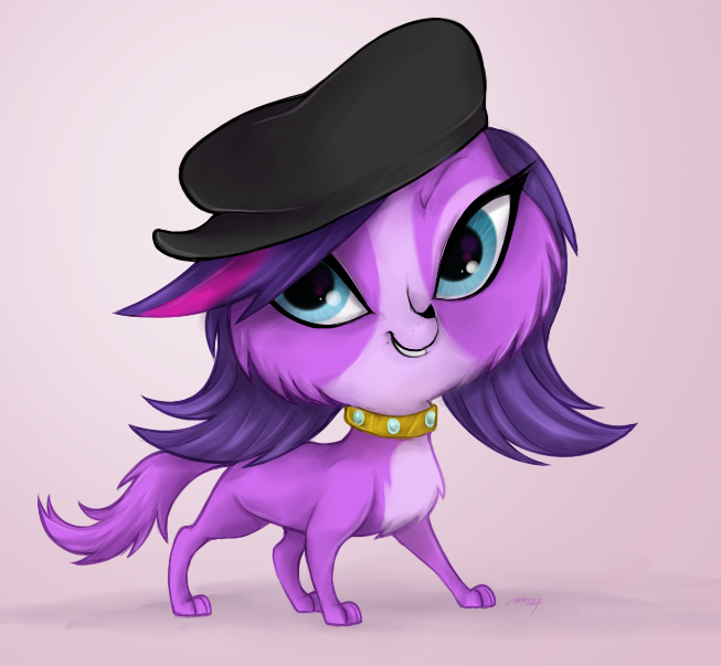 2013 beauty_mark bird_dog black_nose blue_eyes canid canine canis chest_tuft clothing collar digital_media_(artwork) domestic_dog female feral fur hair hasbro hat head_tuft headgear headwear hunting_dog littlest_pet_shop mammal mn27 purple_body purple_fur purple_hair signature simple_background smile solo spaniel tuft zoe_trent