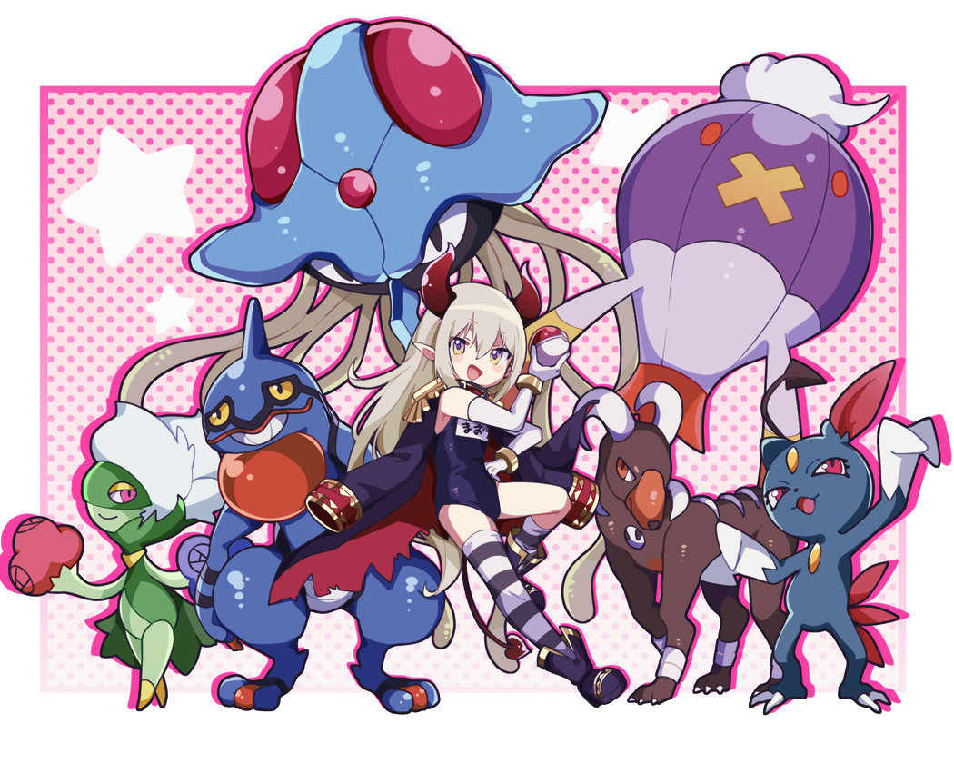 1girl asymmetrical_legwear bangs black_footwear boots crossover drifblim elbow_gloves emma_august gloves grey_hair holding holding_poke_ball horns houndoom kneehighs long_hair looking_at_viewer marudeningen nijisanji one-piece_swimsuit open_mouth pointy_ears poke_ball pokemon pokemon_(creature) red_horns roserade simple_background single_kneehigh single_sock single_thighhigh sneasel socks star_(symbol) striped striped_socks striped_thighhighs swimsuit tail tentacruel thighhighs toxicroak virtual_youtuber white_gloves