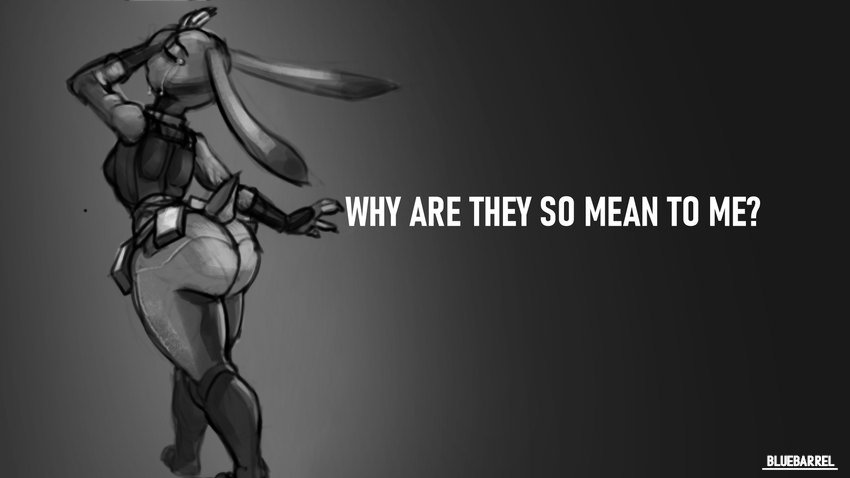anthro big_butt bluebarrel bodily_fluids bottomwear butt clothed clothing crying curvy_figure dipstick disney ears_down everyone_is_so_mean_to_me eyebrows eyelashes eyes_closed female frown grey_background hair huge_butt huge_hips huge_thighs humanoid invalid_tag judy_hopps judy_hopps_allegation_challenge knee_pads lagomorph leporid mammal multicolored_ears pants pivoted_ears police_uniform policewoman rabbit scut_tail shirt short_tail simple_background sniffling solo tears text thick_thighs topwear uniform wide_hips zootopia