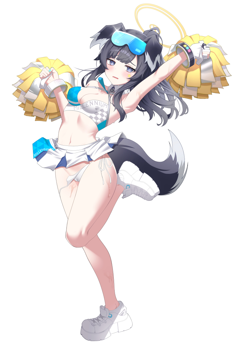 1girl animal_ears arm_up armpits black_hair blue_archive blue_eyes blush breasts cameltoe cheerleader cleavage crop_top dog_ears dog_girl dog_tail eyewear_on_head full_body goggles goggles_on_head groin halo hibiki_(blue_archive) hibiki_(cheerleader)_(blue_archive) holding holding_pom_poms leg_up long_hair looking_at_viewer midriff miniskirt navel open_mouth otakummm panties pleated_skirt pom_pom_(cheerleading) ponytail shoes side-tie_panties simple_background skirt small_breasts sneakers solo standing sunglasses tail underwear untied untied_panties wardrobe_malfunction white_background white_footwear white_panties white_skirt