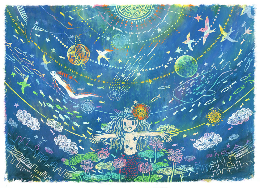:d bird cloud colorful comet fish fisheye flat_chest flower hair_flower hair_ornament lily_pad lotus mermaid monster_girl moon oarfish open_mouth original outstretched_arms scales skyline smile solar_system solid_oval_eyes spread_arms star star_hair_ornament sun tokucina traditional_media underwater whale