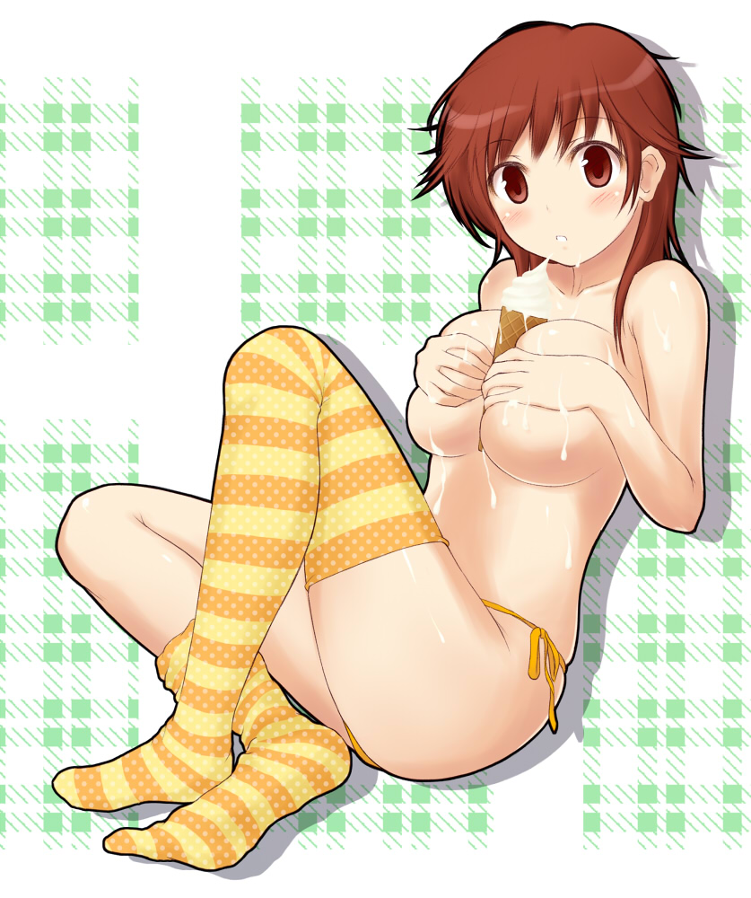 amagami between_breasts blush breast_squeeze breasts brown_eyes brown_hair covering covering_breasts food ice_cream ice_cream_cone kusaka_maichi large_breasts loose_thighhigh multicolored multicolored_clothes multicolored_legwear no_shoes orange_legwear panties polka_dot polka_dot_legwear sakurai_rihoko sexually_suggestive side-tie_panties sock_pull solo striped striped_legwear suggestive_fluid thighhighs topless underwear underwear_only yellow_legwear yellow_panties