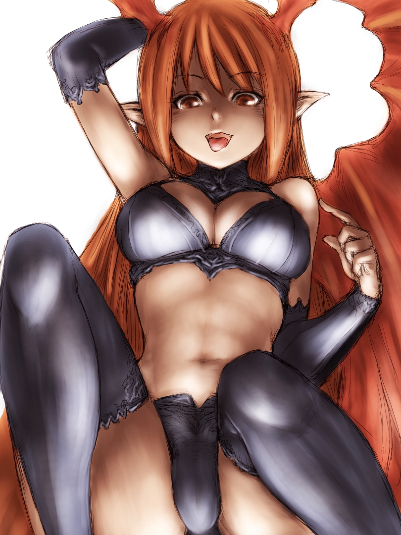 bat_wings breasts brown_eyes cleavage demon_girl fumio_(rsqkr) large_breasts long_hair lord_of_vermilion orange_hair pointy_ears sketch solo succubus succubus_(lord_of_vermilion) thighhighs wings