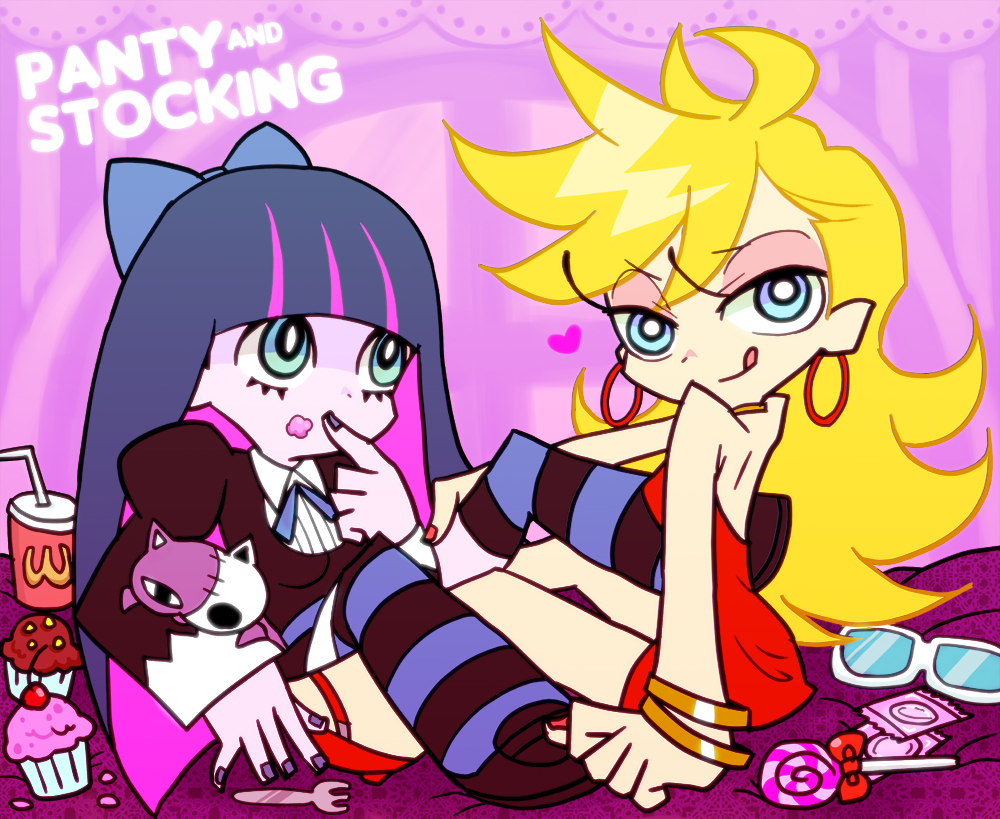 :p food lots_of_jewelry panty_&amp;_stocking_with_garterbelt panty_(character) panty_(psg) smile stmp stocking_(character) stocking_(psg) tongue tongue_out