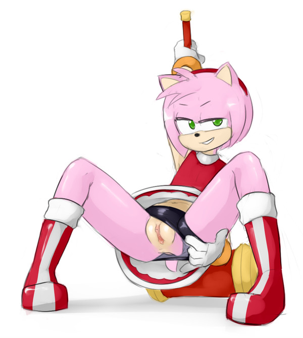 amy_rose anthro clothing clothing_aside eulipotyphlan female genitals hedgehog looking_at_viewer mammal maximumpingas presenting presenting_pussy pussy sega solo sonic_the_hedgehog_(series) underwear underwear_aside upskirt