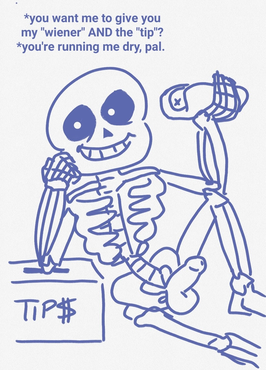 5_fingers animated_skeleton anterior_nasal_aperture balls bone box casual_nudity container english_text erection fingers food genitals hi_res holding_hot_dog hot_dog humor jar looking_at_viewer male monochrome nude pelvis penis pun reclining rib_cage sans_(undertale) simple_background sitting skeleton sketch skull smile smiling_at_viewer solo stickly teeth_visible text tip_jar undead undertale_(series)