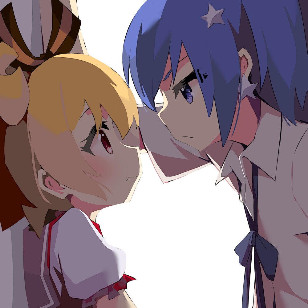 2girls black_bow black_bowtie blonde_hair blue_hair blush bow bowtie closed_mouth earrings embarrassed eye_contact gen'ei_wo_kakeru_taiyou hair_bow hair_ornament height_difference hoshikawa_seira jewelry looking_at_another medium_hair multiple_girls profile puffy_short_sleeves puffy_sleeves purple_eyes red_eyes shirt short_sleeves simple_background star_(symbol) star_earrings star_hair_ornament taiyou_akari viroa white_background white_shirt wide-eyed yuri