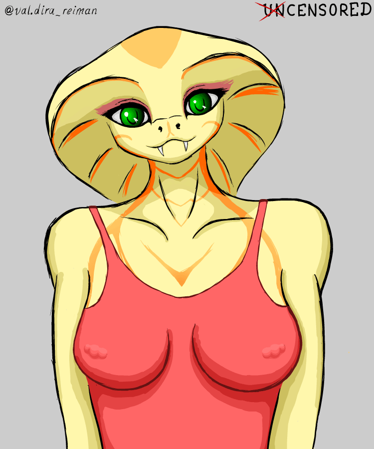 animated bouncing_breasts breasts clothed clothing cobra fangs female green_eyes head_tilt humanoid looking_at_viewer markings nipple_outline nipple_piercing nipples piercing reptile scalie snake solo solo_focus val'dira val'dira_(oc)