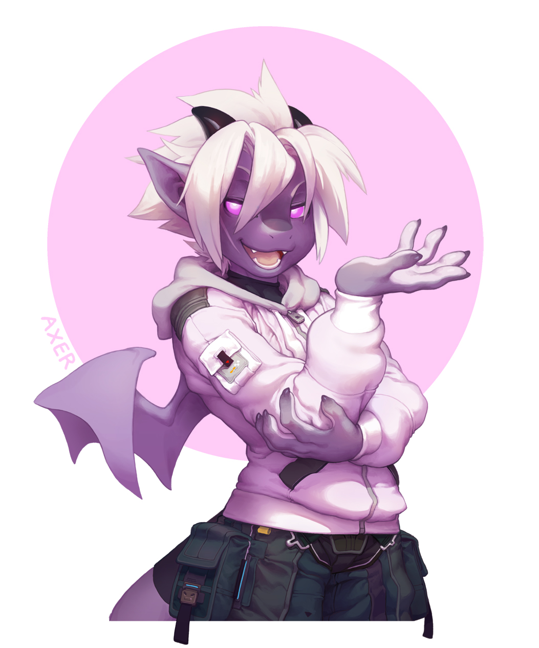 2022 anthro axer bottomwear clothing digital_media_(artwork) dragon hair hi_res hoodie horn j_axer male membrane_(anatomy) membranous_wings pants pink_eyes purple_body simple_background smile solo topwear white_clothing white_hair white_hoodie white_topwear wings