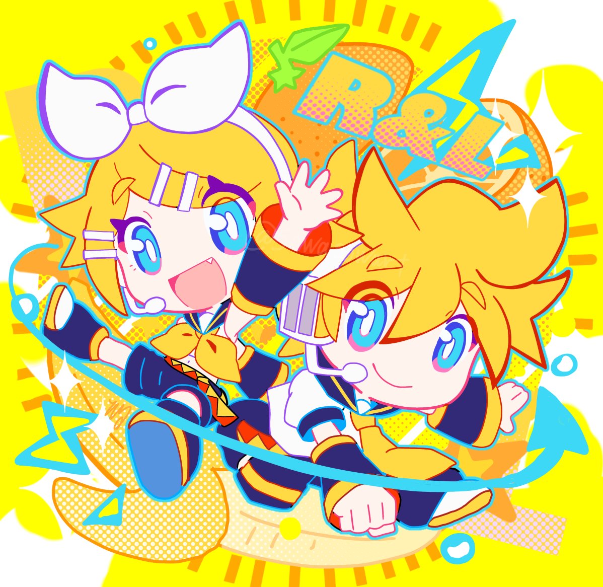 1boy 1girl :d arm_up banana bangs black_shorts blonde_hair blue_eyes bow bright_pupils chibi clenched_hand closed_mouth detached_sleeves eyes_visible_through_hair fang food fruit hair_bow headset kagamine_len kagamine_rin looking_at_viewer microphone neckerchief necktie open_mouth orange_(fruit) parted_bangs shirt short_hair shorts sleeveless sleeveless_shirt smile sowao. spiked_hair vocaloid white_bow white_pupils white_shirt yellow_background yellow_neckerchief yellow_necktie yellow_theme