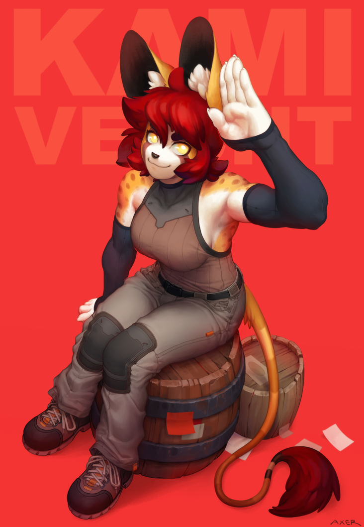 2019 5_fingers anthro barrel black_nose bottomwear breasts clothing digital_media_(artwork) felid female fingers footwear j_axer kami_cheetah_(aja_williams) mammal pants red_background red_eyes shoes simple_background sitting_on_barrel smile solo spots spotted_body