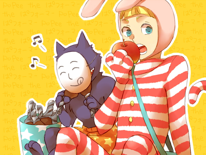 2boys animal_ears animal_hat apple blonde_hair bunny_hat eating fake_animal_ears food fried_chicken fruit hat kedamono_(popee_the_performer) mask multiple_boys musical_note popcublove popee_(popee_the_performer) popee_the_performer rabbit_ears striped_bodysuit yellow_background