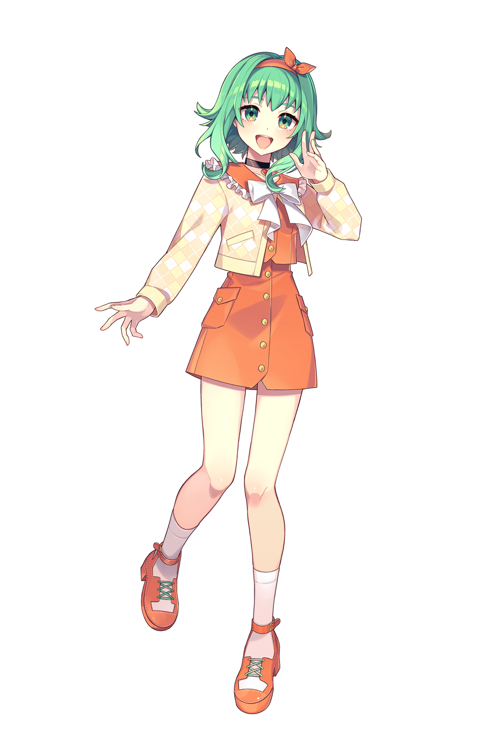 1girl a.i._voice ankle_socks bangs black_choker bow bow_headband buttons cardigan choker collar eyebrows_hidden_by_hair frilled_collar frilled_sleeves frills full_body green_eyes green_hair gumi hand_up headband highres long_sleeves nou_(nounknown) official_art open_mouth orange_bow orange_footwear orange_headband orange_skirt orange_vest pendant_choker short_hair_with_long_locks skirt smile socks solo standing standing_on_one_leg tachi-e teeth upper_teeth vest vocaloid white_bow white_socks yellow_cardigan