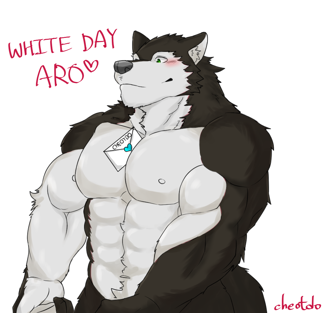 &lt;3 abs anthro aro_rouon between_breasts between_pecs big_muscles blush breasts brown_body brown_fur canid canine canis cheotdo english_text fur green_eyes letter male mammal muscular muscular_anthro muscular_male navel nipples nude pecs simple_background smile solo text utau white_background white_day wolf