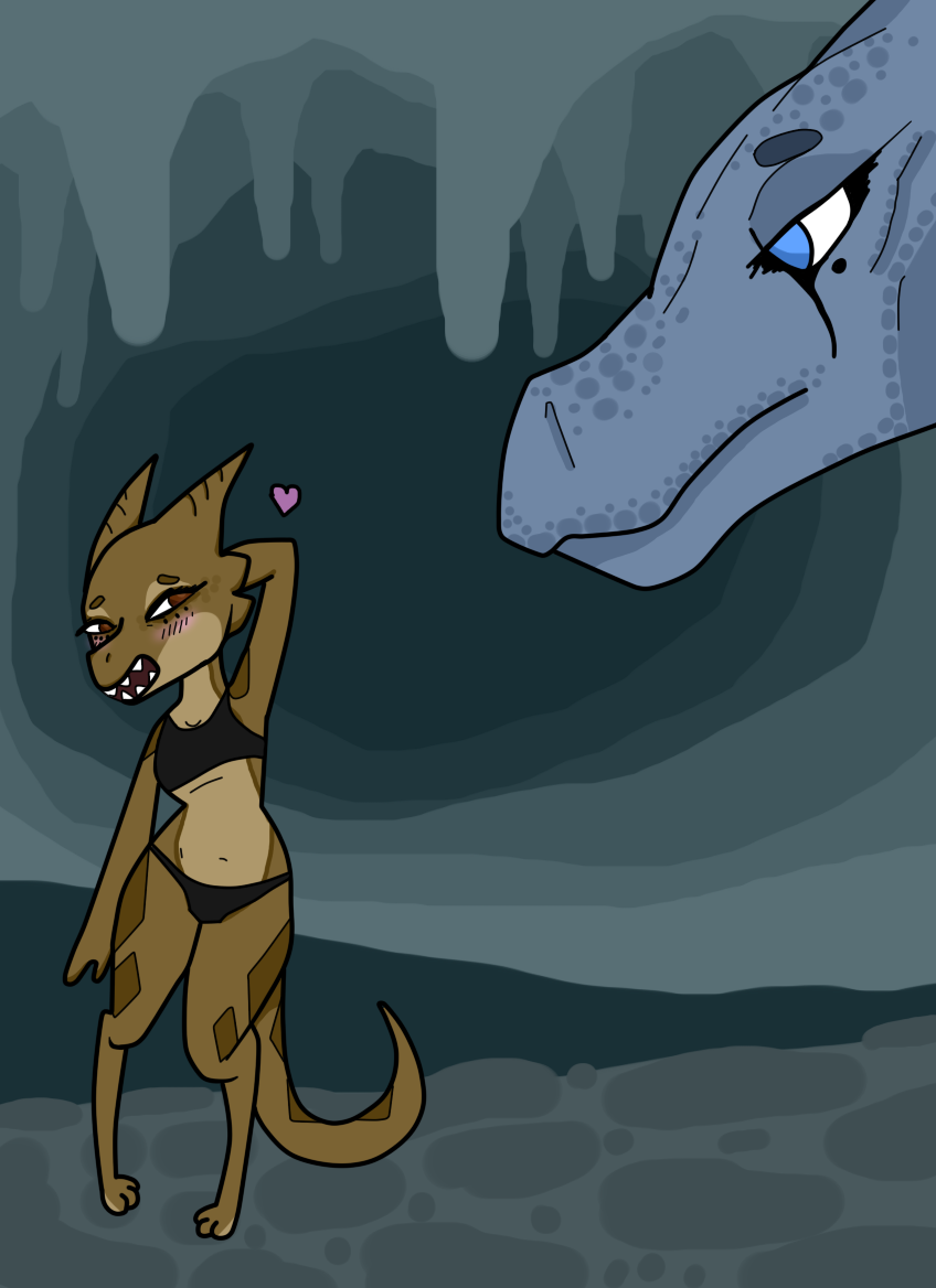 &lt;3 anthro black_clothing blue_body blue_eyes blue_scales blush blush_lines breasts brown_body brown_eyes brown_scales brown_tail cavern clothing dragon duo eyelashes female flustered kobold markings multicolored_body multicolored_scales navel scales scalie smile squablodecomplash tail_markings two_tone_body two_tone_scales two_tone_tail underwear wiggles_(squablodecomplash)