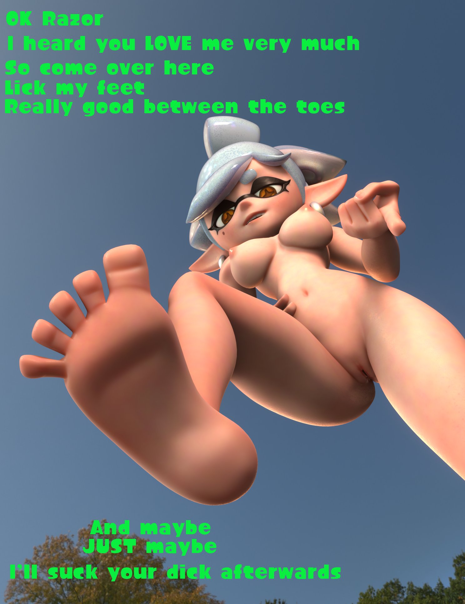 3d_(artwork) animal_humanoid breasts butterdubious cephalopod cephalopod_humanoid clothing dialogue digital_media_(artwork) ear_piercing feet female foot_fetish foot_focus genitals hair hi_res humanoid humanoid_pointy_ears inkling looking_at_viewer marie_(splatoon) marine marine_humanoid mollusk mollusk_humanoid navel nintendo nipples nude piercing plant pseudo_hair pussy simple_background smile solo splatoon tentacle_hair tentacles tree video_games white_hair