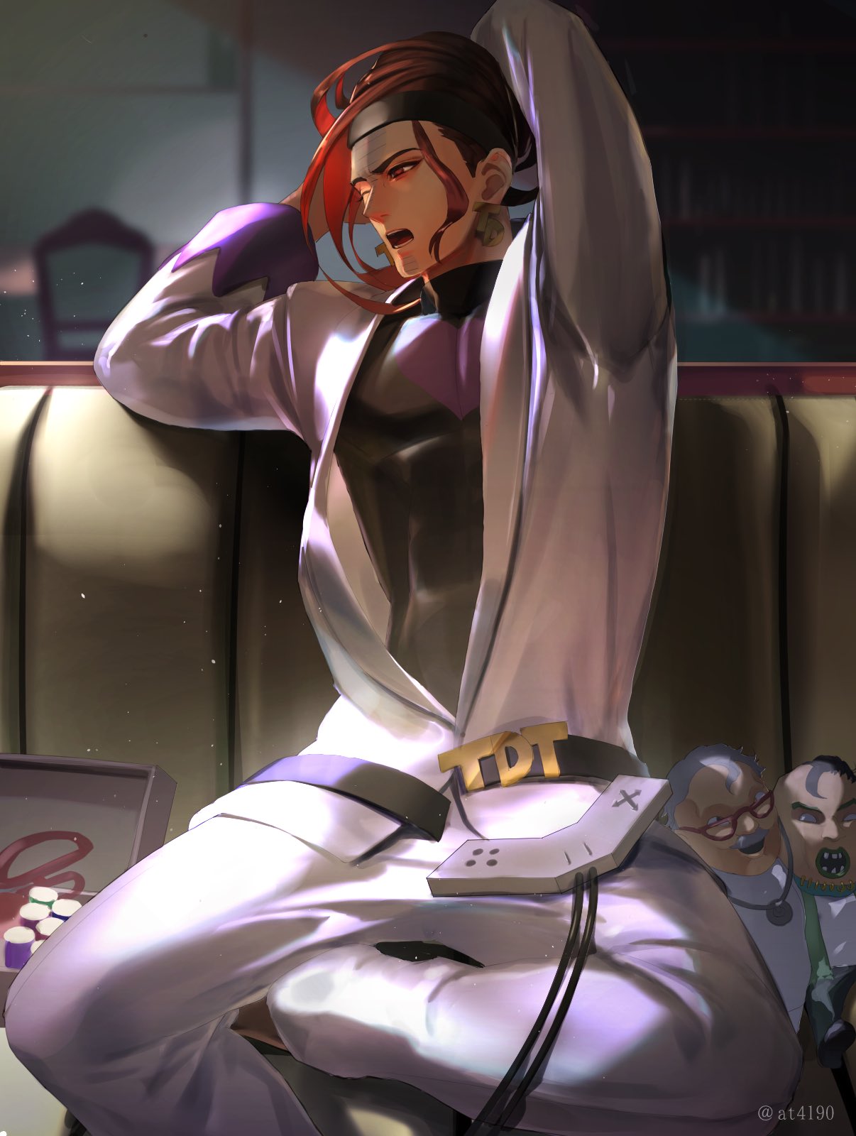 1boy 1girl arms_up at4190_(user_vzac7788) belt black_sweater brown_eyes brown_hair controller couch doll earrings game_controller highres indoors jacket jewelry jojo_no_kimyou_na_bouken long_sleeves one_eye_closed open_mouth pants sitting solo stardust_crusaders stretching sweater terence_t._d'arby turtleneck turtleneck_sweater white_jacket white_pants yawning