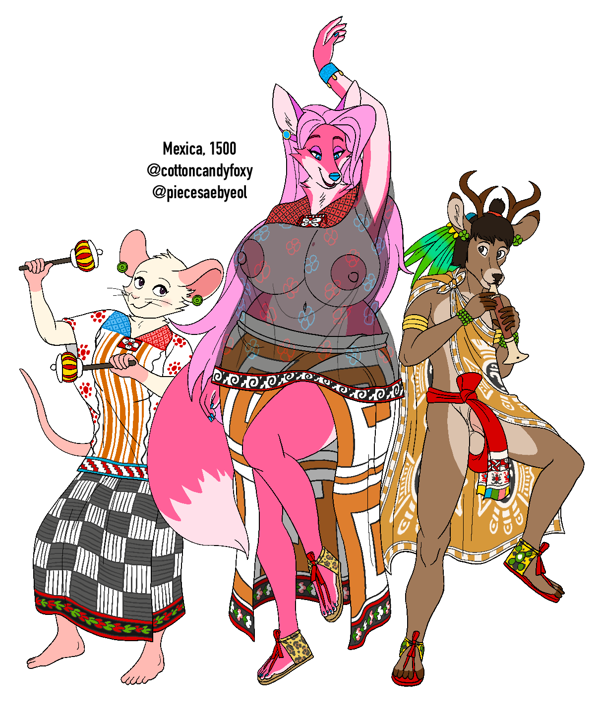 anthro balls big_breasts black_hair black_nose blue_nose bottomwear breasts brown_body brown_fur canid canine cervid clothed clothing dancing denisse digital_media_(artwork) feet female footwear fox fur genitals group hair half-closed_eyes hi_res huge_breasts larger_female larger_male loincloth long_hair looking_back male mammal maraca mouse murid murine musical_instrument narrowed_eyes navel nipples ohs688 open_mouth penis percussion_instrument pink_body pink_hair playing_music rodent sandals simple_background size_difference smaller_female smaller_male smile toes topwear translucent translucent_clothing trio white_body white_fur
