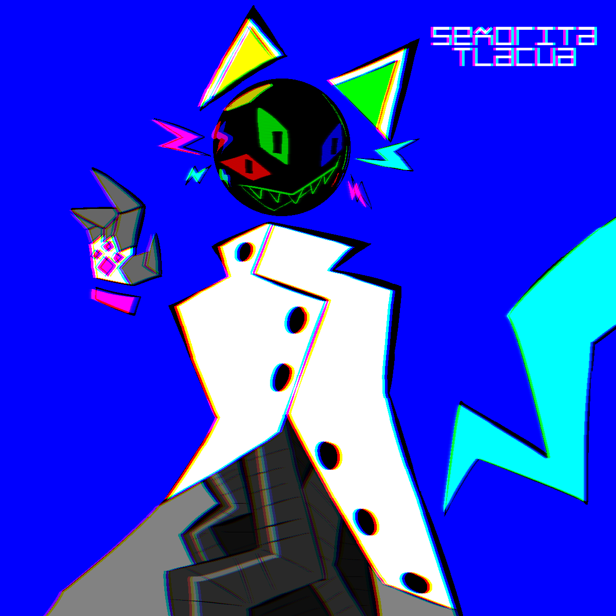 2022 3_eyes 4_fingers 5_legs ambiguous_gender anthro atomic_cat blue_eyes chromatic_aberration clothing coat eldritch_abomination felid feline fingers floating_ears floating_hands floating_head floating_tail green_eyes hi_res lab_coat lab_coat_only light machine mammal multi_eye multi_leg multi_limb nonbinary_(lore) paws pitri red_eyes reflection robot scanlines screen screen_face senorita_tlacua sharp_teeth signature solo teeth topwear